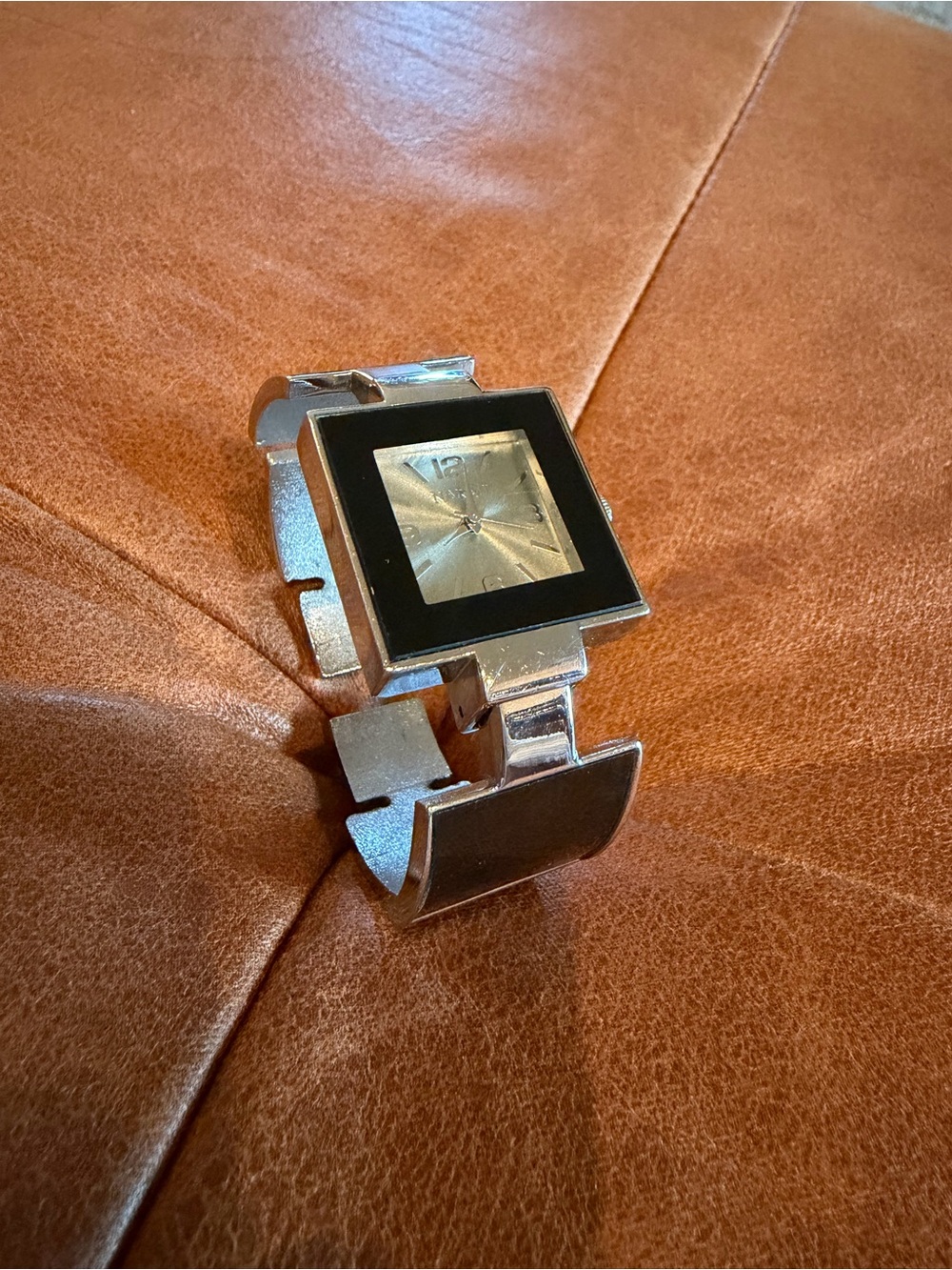 Vintage Narmi Square Statement Cuff Watch Silver & Black Hinged Bangle Bracelet